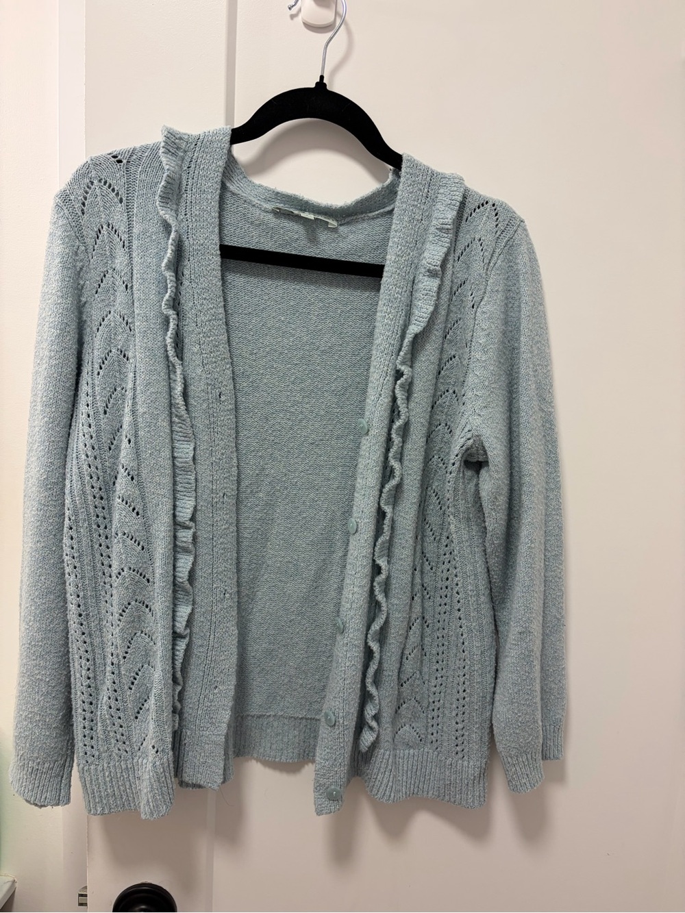 cleo Petite Pale Blue Ruffle-Trim Open-Knit Cardigan